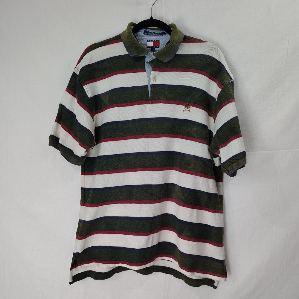 Vintage 90s Streetwear Mens Large Tommy‎ Hilfiger Shirt Green Striped Sun Faded